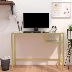 VidaXL Computerbureau 100x36x74 Cm Glas Wit En Goudkleurig -Vidaxl 642edd935d19445ca092303958a16bb2
