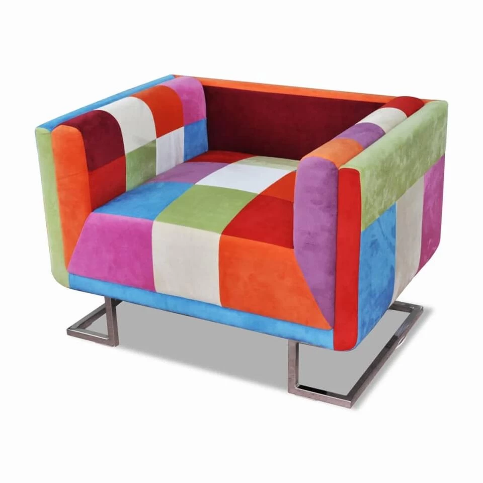 VidaXL Fauteuil Met Patchwork Ontwerp En Verchroomde Poten Kubus Stof 3 VidaXL Fauteuil Met Patchwork Ontwerp En Verchroomde Poten Kubus Stof - Afbeelding 3